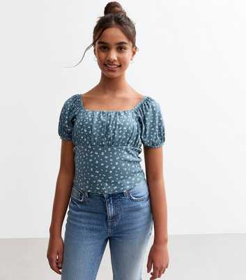 Blue Ditsy Floral Ribbed Puff Sleeve Top