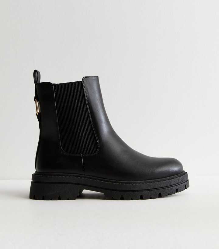 Black Faux Leather Side-Zip Chunky Sole Chelsea Boots