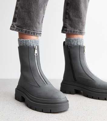 Grey Chunky Zipped Ankle Boots