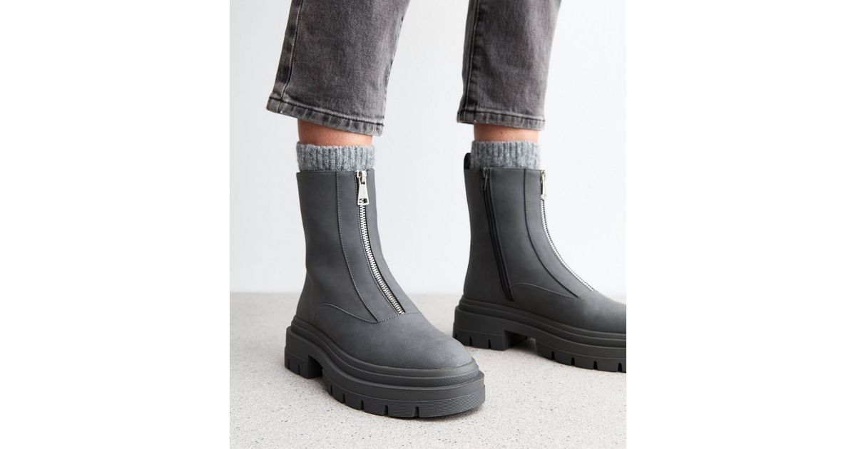 New Look Grey Short Boots New Look Women's Grey Faux Suede Zip Up