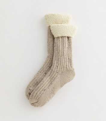 Off White Ribbed Flecked Borg Trim Cosy Bootie Socks