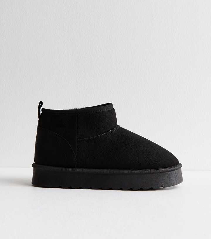 Black Faux Suede Faux Fur-Lined Chunky Boots