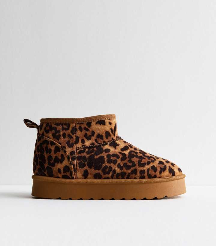 Brown Leopard Print Faux Suede Faux Fur-Lined Chunky Boots