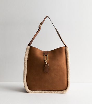 Tan Borg Trim Link Hobo Bag New Look