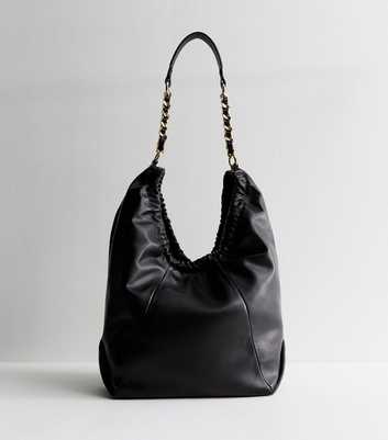 Black Chain Detail Leather Look Hobo Bag