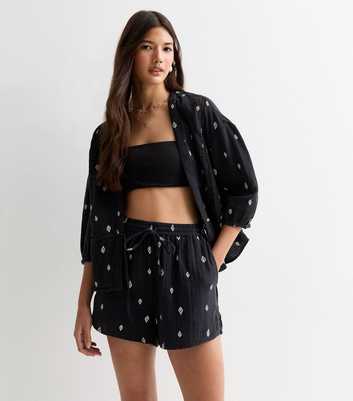 ONLY Black Crinkle-Textured Drawstring Cotton Shorts