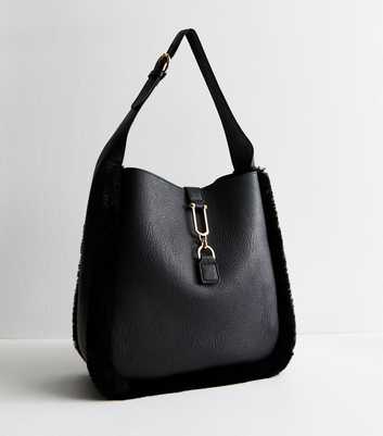 Black Faux-Fur Trim Hobo Bag 