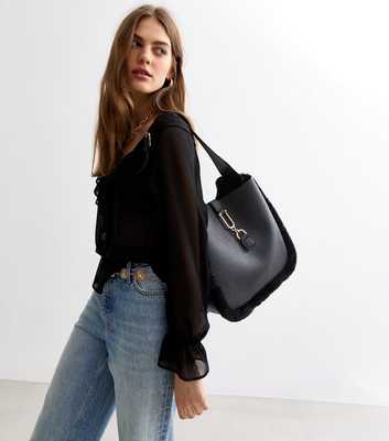 Black Faux-Fur Trim Hobo Bag 