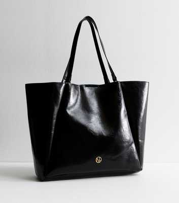 Black Leather-Look Folded Seam Tote Bag