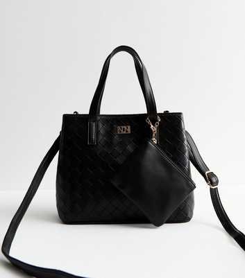 Black Leather-Look Woven Cross Body Bag