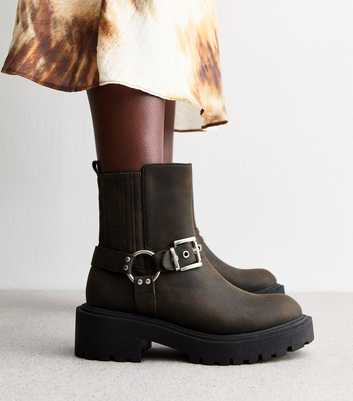 Dark Brown Chunky Buckle Biker Boots