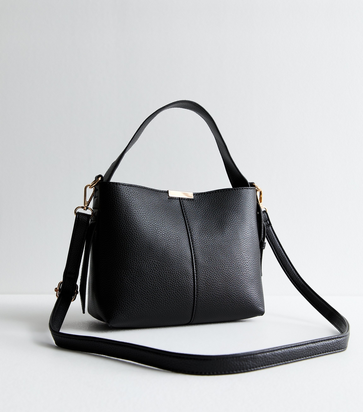 Black Leather Look Buckle Strap Bucket Bag Vegan New Look