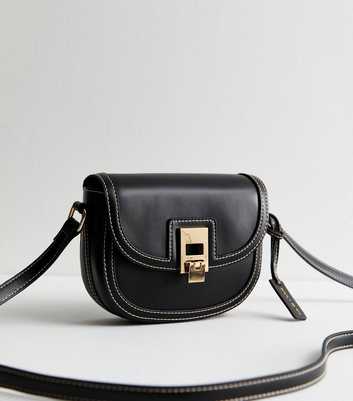 Black Leather Look Top Stitch Crossbody Saddle Bag