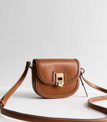 Tan Leather Look Top Stitch Crossbody Saddle Bag