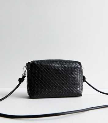 Black Woven Leather Look Crossbody Bag