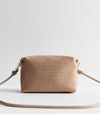 Camel Woven Leather Look Crossbody Bag