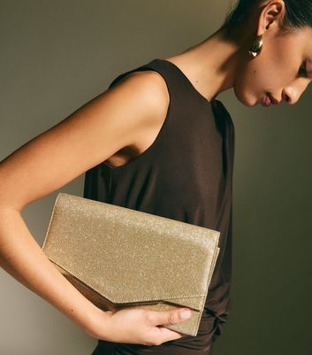 Gold Glittered Envelope Clutch New Look