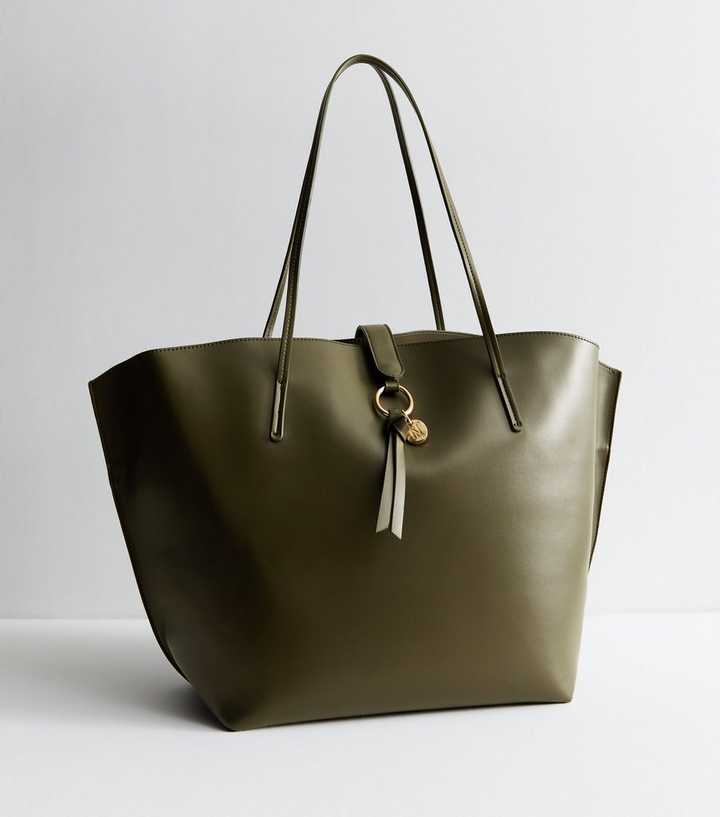 Khaki Faux Leather Winged Tote Bag