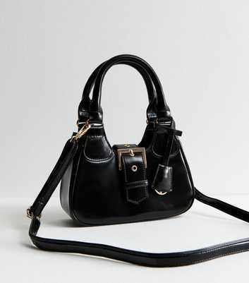 Black Leather-Look Buckle Crossbody Mini Bag 