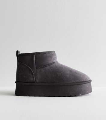 Grey Suedette Faux Fur Lined Chunky Flatform Boots