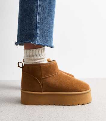 Tan Suedette Faux Fur Lined Chunky Flatform Boots