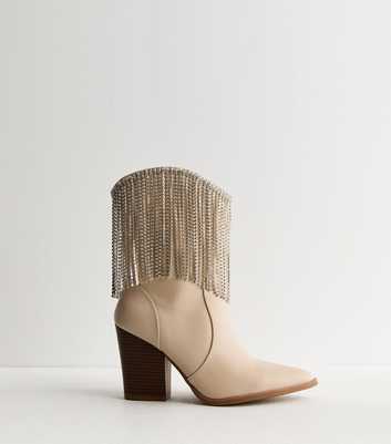 Truffle Off White Diamanté Cowboy Boots