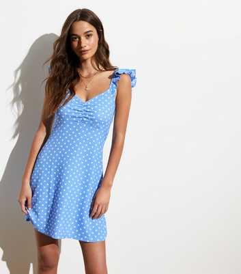 Blue Spot Crinkle Ruched Mini Dress