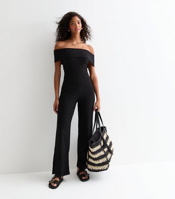 Black Ribbed Bardot Jumpsuit New Look