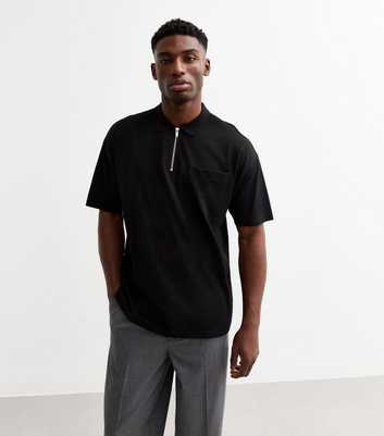 Black Oversized Cotton Piqué Half Zip Polo Shirt