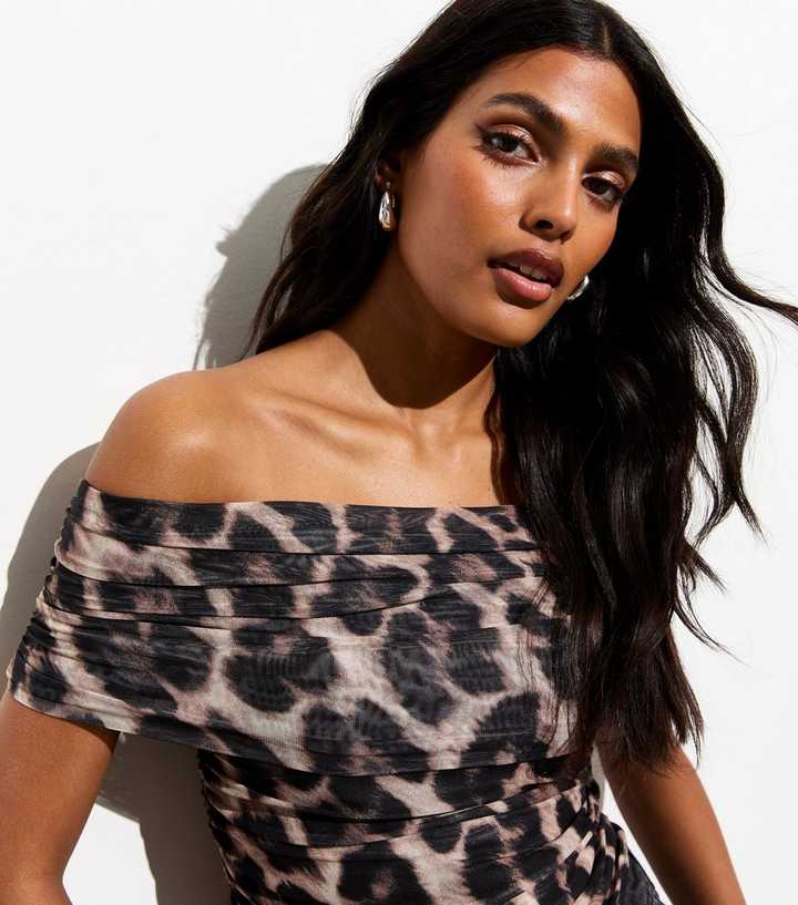Brown Leopard Print Mesh Bardot Top