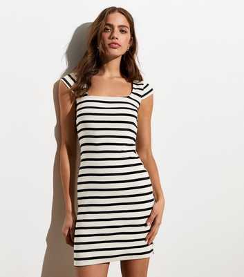 White Jersey Stripe Square Neck Mini Dress