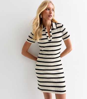 White Striped Polo-Collar Mini Dress