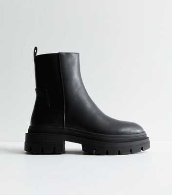 Wide Fit Black Leather-Look Chunky Chelsea Boots