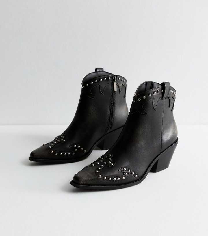 Black Faux Leather Studded Cowboy Boots