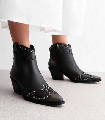 Black Faux Leather Studded Cowboy Boots New Look