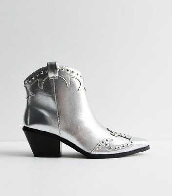 Silver Faux Leather Studded Cowboy Boots