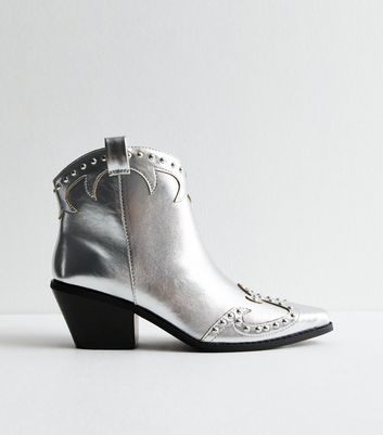 Silver Faux Leather Studded Cowboy Boots New Look