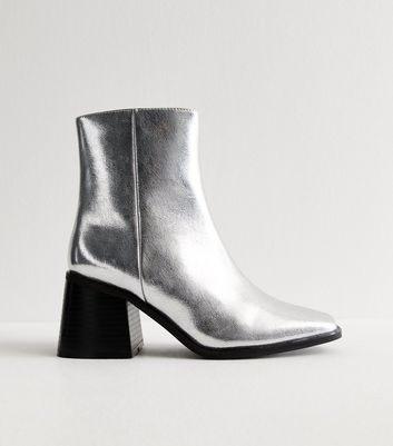 Silver Block Heel Chunky Ankle Boots