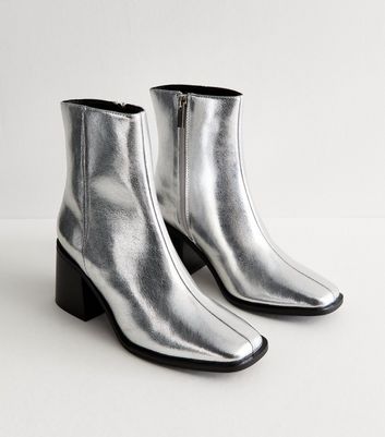 Silver Block Heel Chunky Ankle Boots