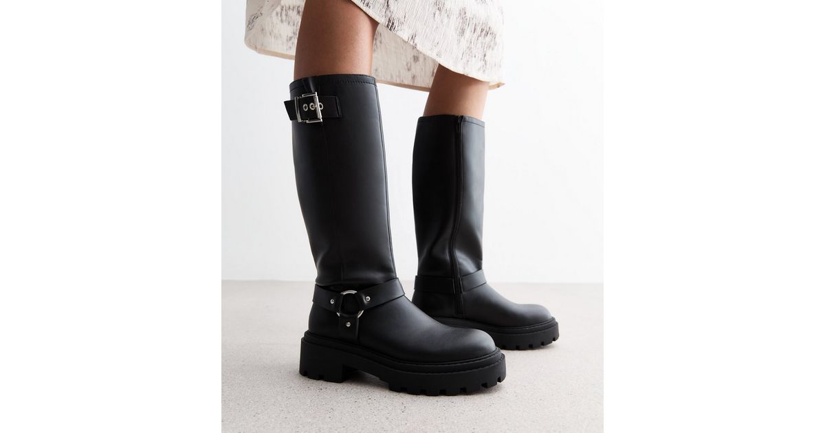 Black Leather-Look Buckled Knee-High Biker Boots New Look