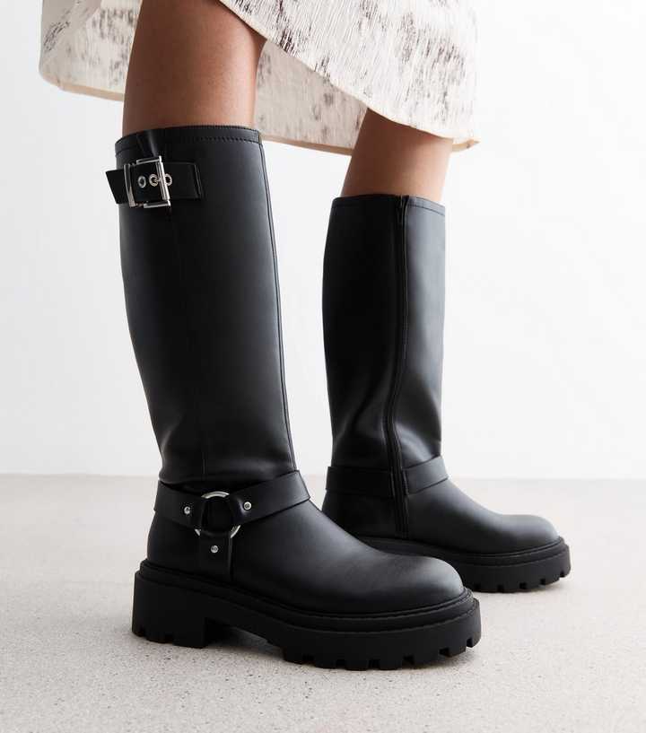 Flat Boots Black Leather Knee High Ladies Boots Leather Rubberised