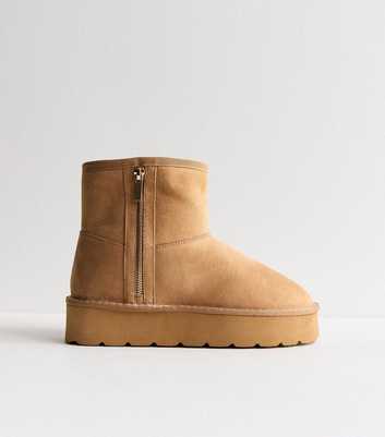 Wide Fit Camel Zip Faux Fur-Lined Boots