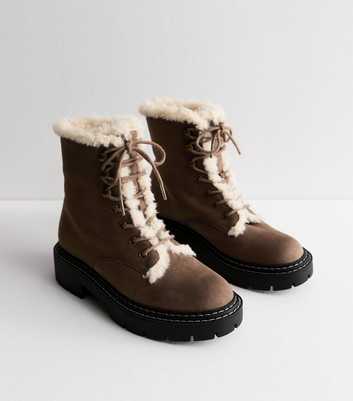 Wide Fit Brown Faux Fur Lace Up Ankle Boots