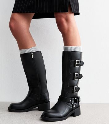 Black Faux Leather Buckled Knee High Biker Boots New Look