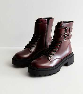 Burgundy Leather-Look Lace Up Chunky Boots