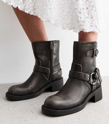 Black Leather-Look Biker Ankle Boots