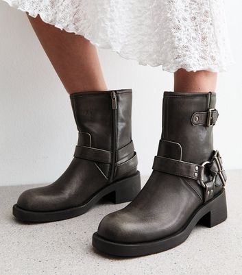 Black Leather Look Biker Ankle Boots New Look