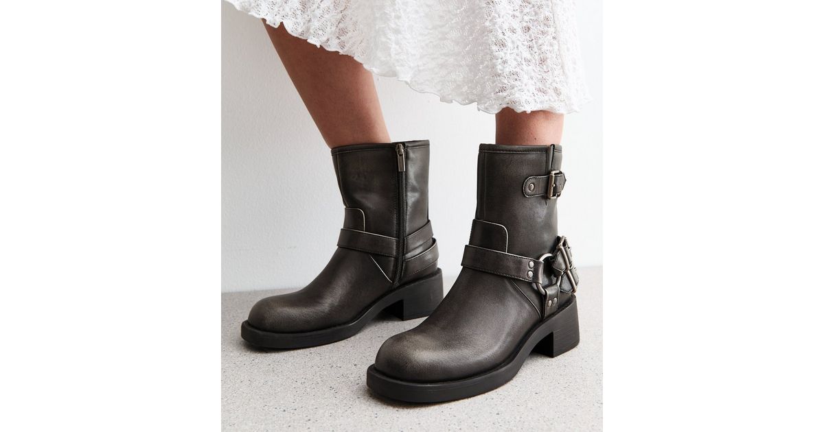 Black Leather-Look Biker Ankle Boots New Look