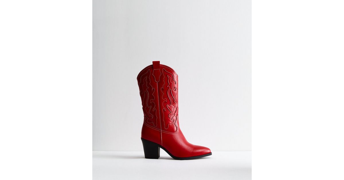 Red Leather-Look Cowboy Boots New Look