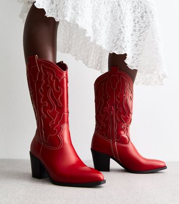 Red Leather Look Cowboy Boots New Look